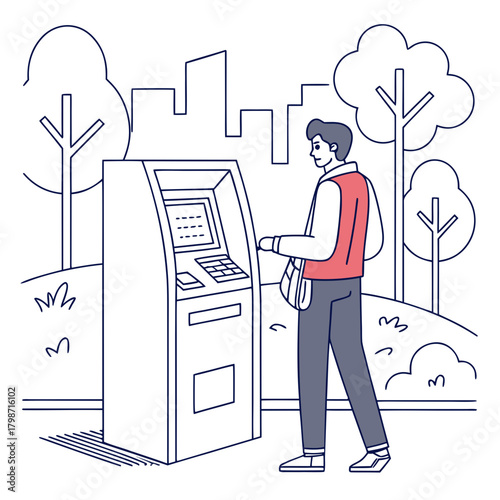 A man is using an atm in the park, withdrawing money or making a transaction, with trees and buildings in the background isolated on