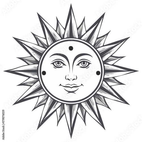Mystical Sun with an Anthropomorphic Face in a Vintage Etching Style