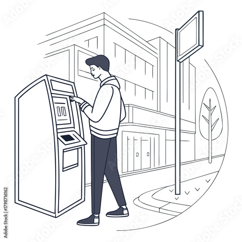 A man is withdrawing money from an atm on the street, with a building and street sign in the background isolated on vector illustration