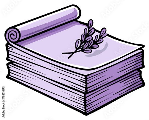 Stack of lavender colored paper with rolled edge and sprig on top, illustration of a simple stationery set for notes and documents