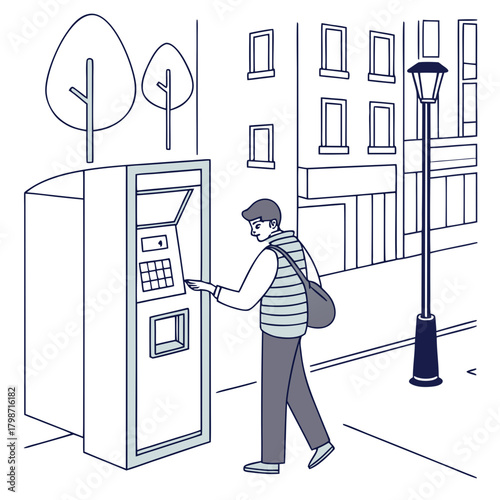A man is using an atm on the street, withdrawing money or making a transaction, with trees and buildings in the background isolated on