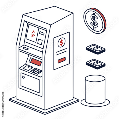 Isometric atm machine with money, cash, coin, and hat isolated on automated teller machine for financial transactions and banking services
