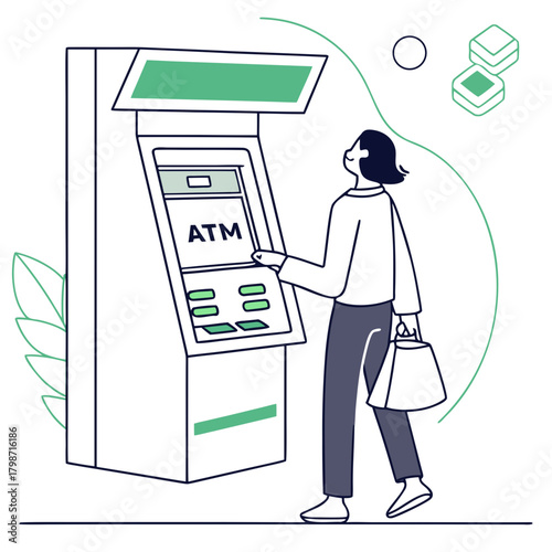 A woman using an atm for financial transactions, highlighting modern banking and convenience isolated on