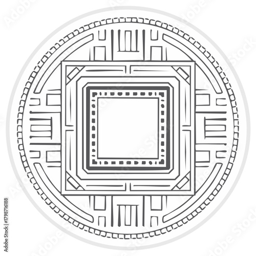 Monochrome Traditional Chinese Coin Vector Graphic Minimalist Ancient Asia Financial Ornament Lucky Symbol Prosperity Feng Shui Wealth