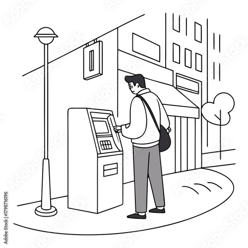 A man is withdrawing money from an atm on the street, with a streetlight and buildings in the background isolated on vector illustration