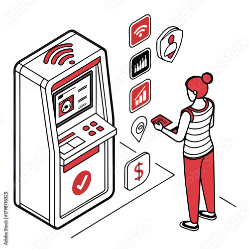 A woman using an atm machine to access her account and manage her finances, isolated on she is wearing a striped shirt and holding a card