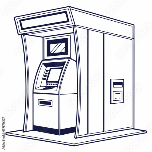 An atm machine inside a booth, isolated on the machine is a modern design, with a large screen and a sleek interface