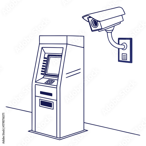 Illustration of an atm machine with a security camera, providing surveillance and protection for financial transactions isolated on