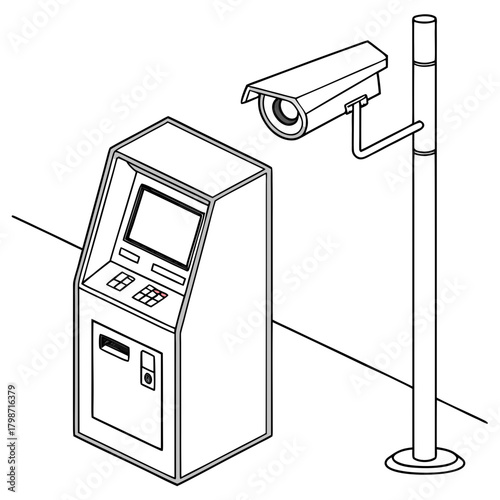 Illustration of an atm machine with a security camera, providing surveillance and protection for financial transactions isolated on