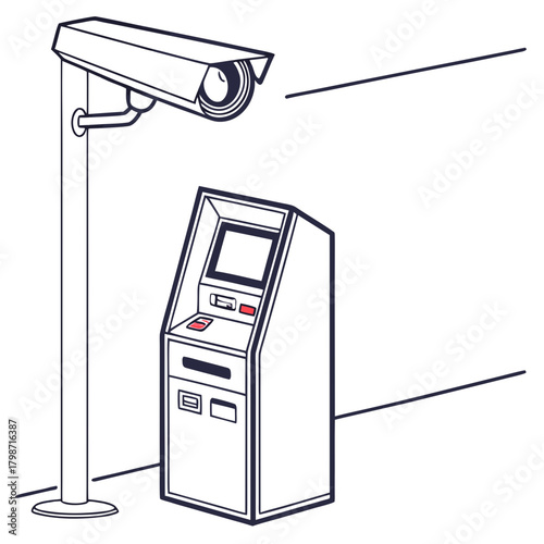 Illustration of an atm machine with a security camera, providing surveillance and protection for financial transactions isolated on