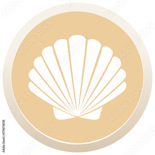 Elegant seashell graphic emblem symbol in white on a circular tan background.