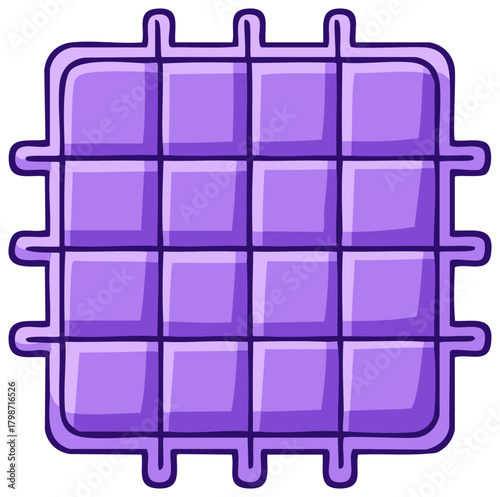 Delicious purple waffle with sixteen squares for breakfast or dessert food item, great for menu illustration or recipe design