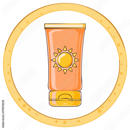 Orange sunscreen tube with a sun symbol inside a yellow decorative circle