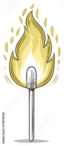 Burning match with stylized flames and sparks illustration