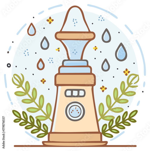 Humidifier Illustration surrounded by foliage with water drops and floral accents adding a touch of whimsy and freshness