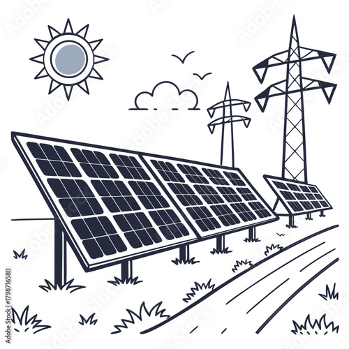 Illustration of solar panels generating electricity with power lines and sun in the background, a sustainable energy source for a greener future isolated on