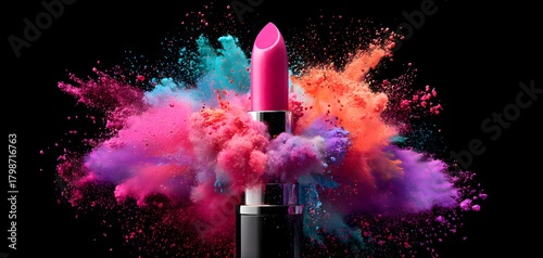 Vibrant pink lipstick exploding with colorful powder clouds against a dark background