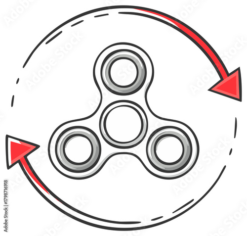 Spinning fidget spinner toy illustration with circular motion arrows in a hand drawn sketch style