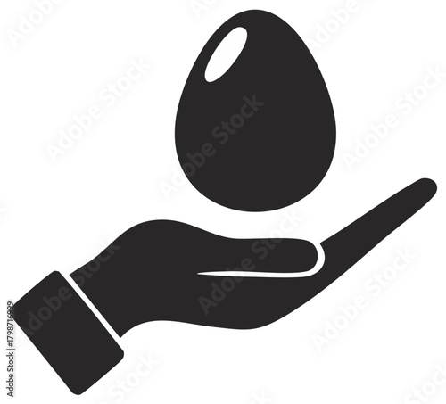 Black graphic icon of a human hand holding a delicate egg symbol for care protection and new life concepts