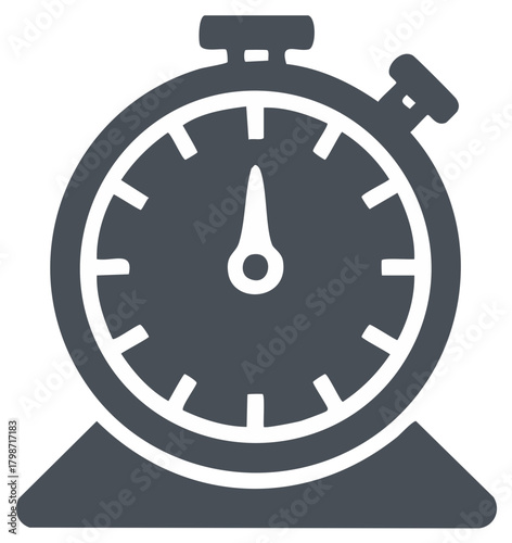 Simple graphic of a desktop stopwatch with white markings over the dark grey body indicating passing time and deadlines