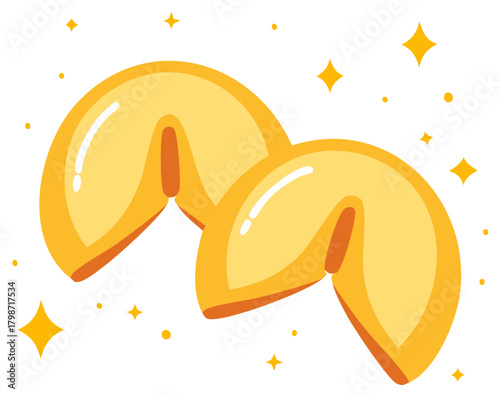 Vector illustration of two golden fortune cookies with shiny sparkles, a symbol of luck and prophecy