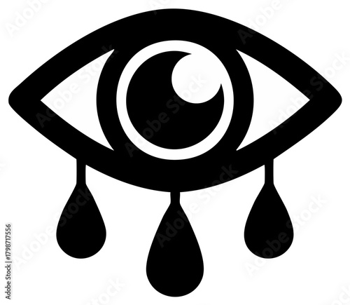 Abstract black eye with three falling teardrops expressing deep emotion sadness grief sorrow and despair