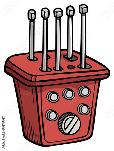 Cartoonish control box illustration with metal pins and round buttons for industrial equipment or electrical engineering setup