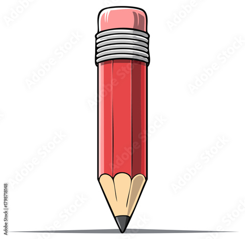 Cartoon illustration of a red and wooden pencil with an eraser and shadow, perfect for education and school concepts.