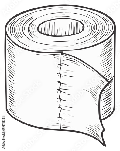Toilet paper roll illustration with sketch lines, vector graphic for hygiene product advertising