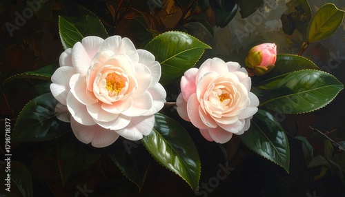 Elegant Camellias with Bud and Verdant Foliage, Botanical Artistry Close-Up