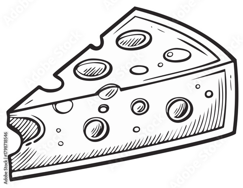 Black and white sketch of a wedge of swiss cheese with holes