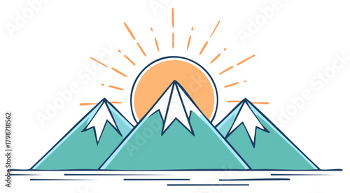 Cartoon Mountains with Snowcaps and Rising Sun Vector Illustration - Outdoors