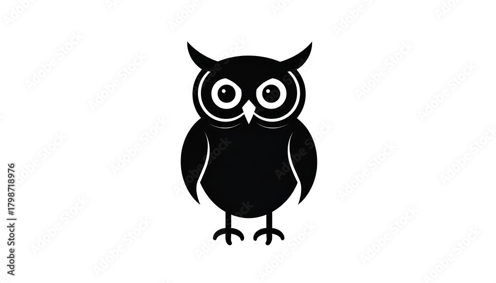 Obraz premium A black and white illustration of an owl, centered, with large eyes and symmetrical features. It is depicted in a simple, minimalist style