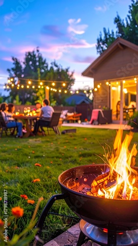 A backyard scene showcasing a gathering around a table, illuminated by string lights against a colorful sunset. A BBQ grill burns brightly