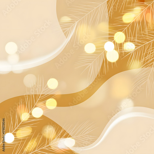 An elegant, modern abstract background featuring flowing, layered waves in warm beige and gold. Includes glowing bokeh lights and subtle line-art details, creating a luxurious and sophisticated design