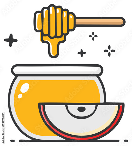 Delicious honey jar with dipper and apple slice graphic illustration, organic food, sweetener, nutrition, healthy diet