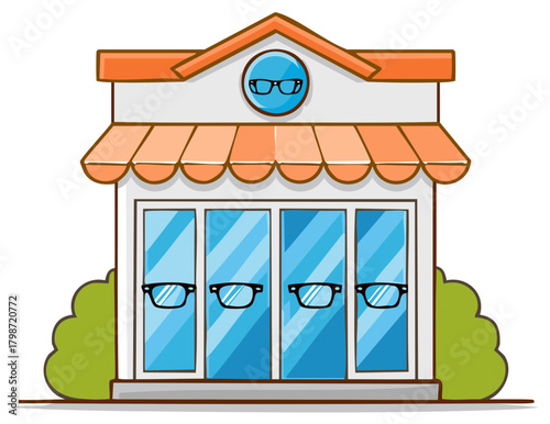 Cartoon optician store with eyeglasses displayed on the storefront windows