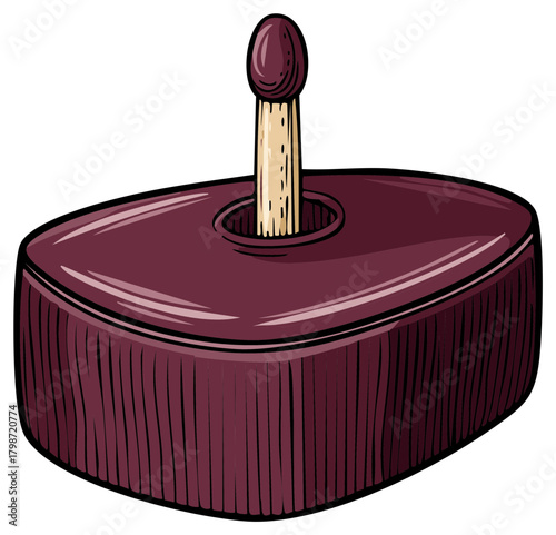 Close up of a vintage match striker with a single wooden match stick inserted