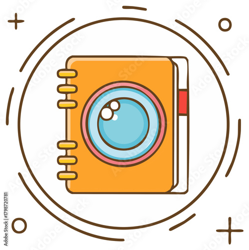 Cute orange spiral notebook with an expressive camera lens eye and red tab illustration