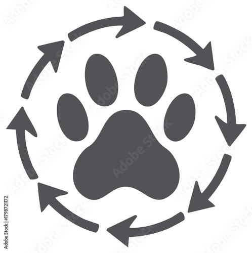 Paw Print Surrounded by Rotation Arrows symbolizing Pet Recovery or Animal Tracking Graphic