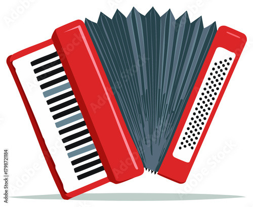 Vibrant Red Accordion Musical Instrument with Piano Keys and Bellows Vector Illustration