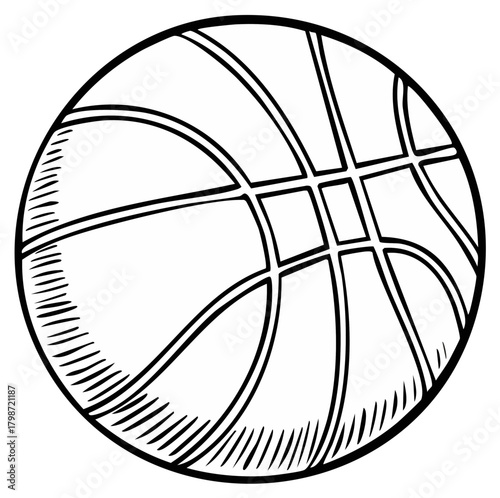 Hand drawn basketball illustration. Black and white line art sketch of sports equipment.