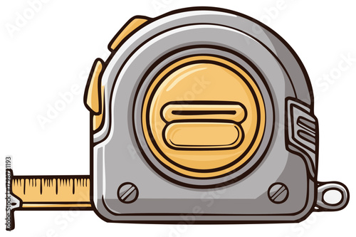 Stylized cartoon tape measure tool with extended metal measuring tape and lock mechanism