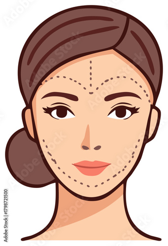 Woman's Face with Dotted Lines Indicating Cosmetic Surgery or Beauty Treatments