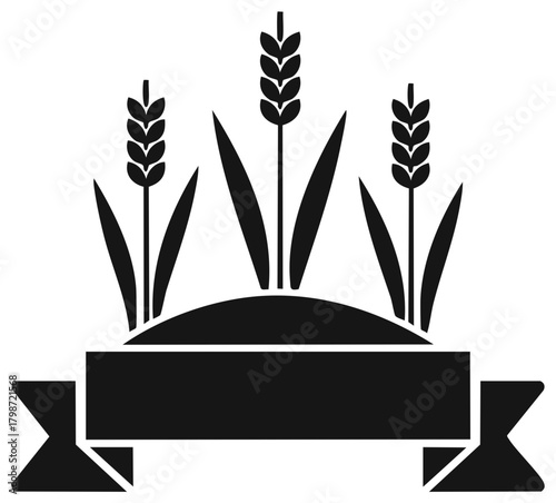 Monochromatic wheat stalks and leaves growing from a mound with a blank banner emblem