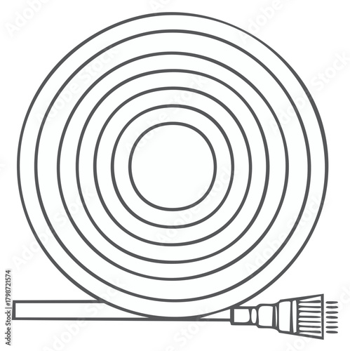 Coiled Hose Illustration with Nozzle, Industrial Equipment Design, Outline Drawing