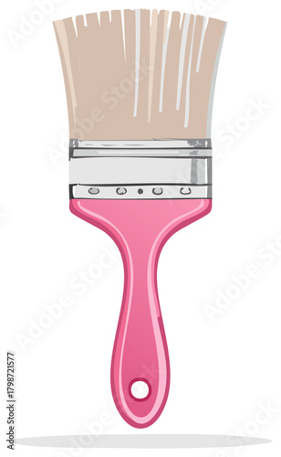 Pink paint brush with light brown bristles and silver ferrule detailed illustration