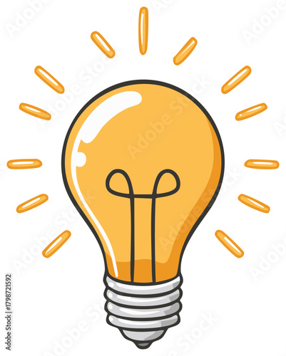 Bright yellow cartoon lightbulb shining with rays of light. A symbol of idea, creativity, and inspiration.