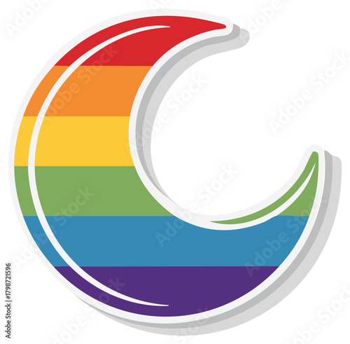 Vibrant rainbow striped crescent moon icon representing diversity pride and acceptance