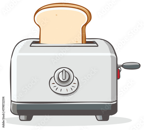 Cartoon toaster with toast slice, kitchen appliance, culinary concept.